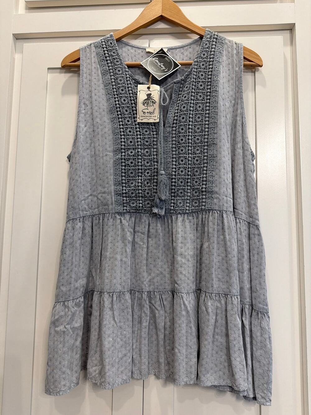 Easel M Dusty Blue Gray Embroidered Lace Tiered Boho Tunic Top NWT